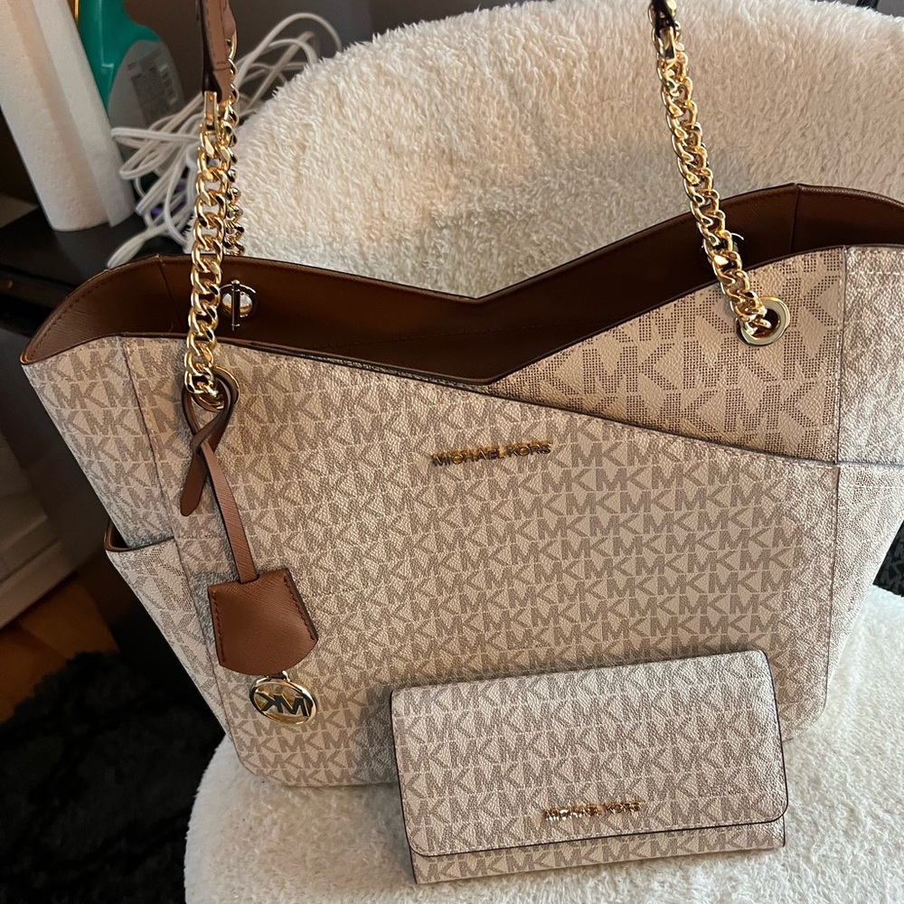 Michael Kors Cream and Brown Logo Shoulder Tote with Gold Chain Straps